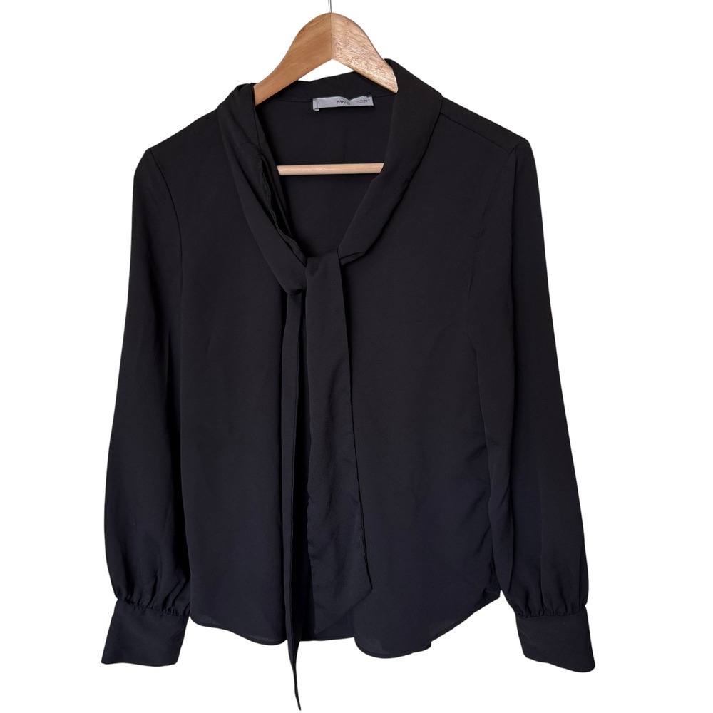 MNG Mango Tie Neck Blouse Women Size 4 Black Excellent Long Sleeve Professional